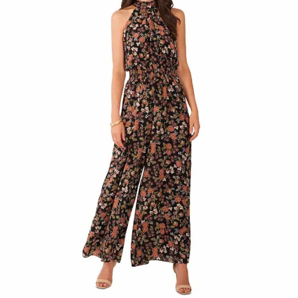Vince Camuto Women's Printed Tie-Back Smocked-Waist Wide-Leg Halter Jumpsuit M